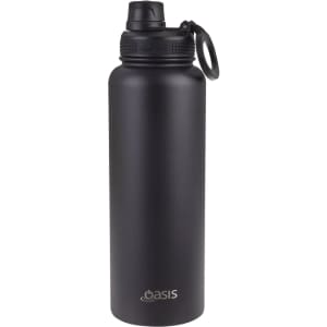 A drink bottle in matte black featuring a screw cap and a loop for easy carrying, with a logo on the side.