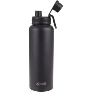 A drink bottle in matte black with a screw cap and a flip-top nozzle. It features a logo on the side.
