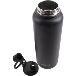 A drink bottle in matte black with a stainless steel opening and a separate screw cap lid featuring a spout.