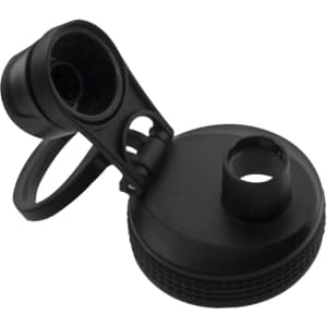 A drink bottle cap in black with a screw-top design and a flip-top spout, featuring a carry handle.
