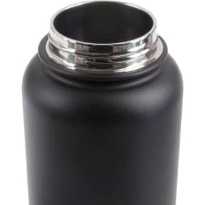 A drink bottle with a sleek black matte finish and a stainless steel screw cap opening. It features a logo.