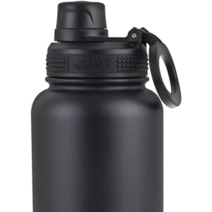 A drink bottle in matte black with a screw cap and a ring for easy carrying, featuring a logo.