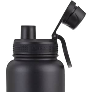 A drink bottle in matte black featuring a screw cap and a hinged lid, with a logo on the body.