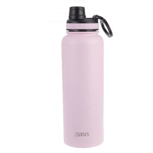 A drink bottle in pastel pink with a black screw cap and a logo near the base.