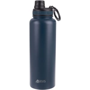 A drink bottle in dark blue with a screw cap and a logo. Designed for sports use.