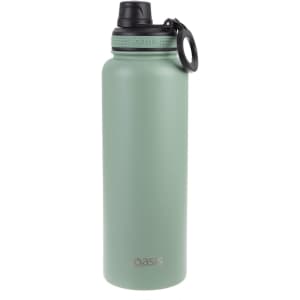 A drink bottle in matte mint green with a black screw cap and a logo on the front.