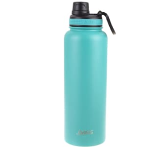 A drink bottle with a turquoise finish, featuring a screw cap and a handle. It has a logo on the side.