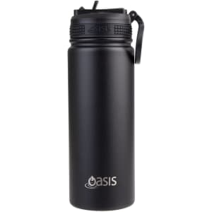 A drink bottle featuring a black matte finish, a sipper spout, and a secure cap, with a logo on the body.