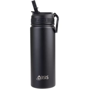 A drink bottle in matte black with a spout and a handle, featuring a logo on the side.