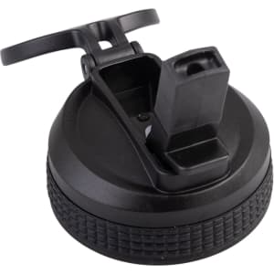 A drink bottle spout lid in black, featuring a flip-top design and textured grip for easy handling.
