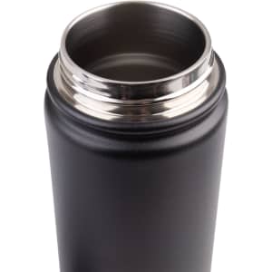 A drink bottle featuring a stainless steel spout and a matte black finish, with a sleek and modern design.