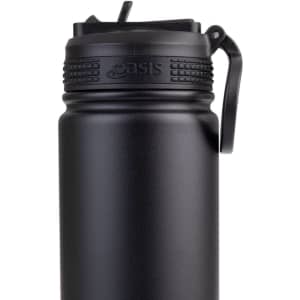 A drink bottle in matte black with a spout and handle, featuring a logo on the side.