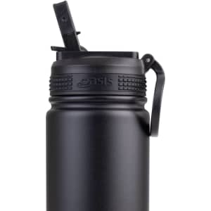 A drink bottle in matte black with a spout and a carrying handle; features a logo on the side.