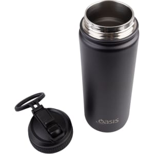 A drink bottle in matte black with a removable spout lid and a stainless steel inner lining. Features a logo.