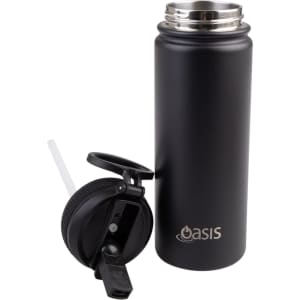 A drink bottle in black with a vacuum-insulated body and a detachable spout lid. Features a logo.