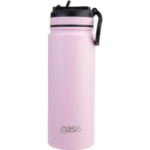 A drink bottle in a pastel pink colour with a black lid and a handle, featuring a logo on the side.