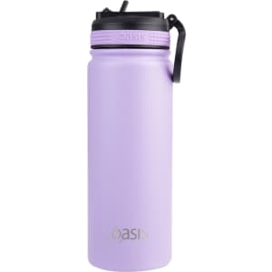 A drink bottle in lavender colour with a spout and a black lid, featuring a logo.