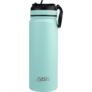 A drink bottle in a light blue colour with a spout lid and a black handle, featuring a logo on the body.