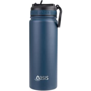 A drink bottle in navy blue with a spout lid and a carry handle, featuring a logo.