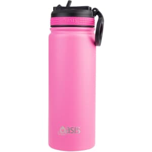 A drink bottle in bright pink with a black spout and handle, featuring a logo on the side.