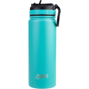 A drink bottle in turquoise with a spout and a handle, featuring a logo on the side.