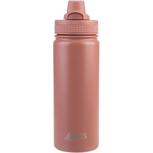 A drink bottle in a muted pink colour with a vacuum sealed design and quick release cap, featuring a logo.