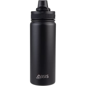 A drink bottle with a sleek black finish and a quick release cap, featuring a logo on the body.