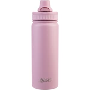 A drink bottle with a quick release cap, featuring a pink finish and a logo on the front.