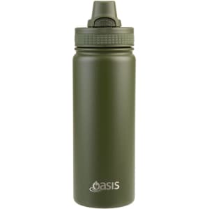 A drink bottle in olive green featuring a quick release cap and a logo on the front.