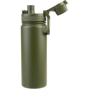 A drink bottle in matte olive green with a quick release cap and a prominent brand logo.