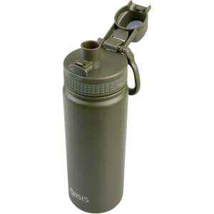 A drink bottle in olive green with a vacuum insulation and quick release cap, featuring a logo.