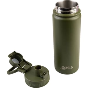 A drink bottle in olive green with a vacuum design and a quick-release cap. It features a logo on the body.