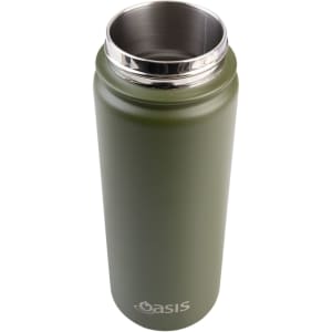 A drink bottle in olive green with a stainless steel inner lining and a logo on the front.