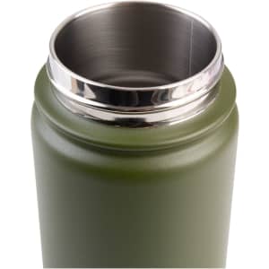 A drink bottle with a matte green finish and a stainless steel rim, featuring a vacuum quick release cap.