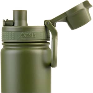 A drink bottle with a vacuum insulation feature, featuring a quick release cap in a military green colour and a logo.