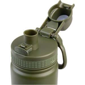 A drink bottle in olive green with a quick release cap and a built-in handle. Features a logo on the body.