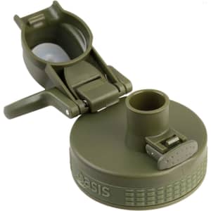 A drink bottle cap in olive green with a quick-release mechanism and a slight textured grip. It features a logo.
