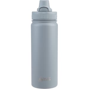 A drink bottle in matte grey with a quick release cap and a logo on the side.