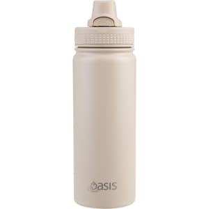 A drink bottle in beige with a quick release cap, featuring a logo on the side.
