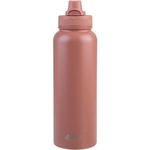 A drink bottle in a matte pink colour with a quick release cap and logo on the side.