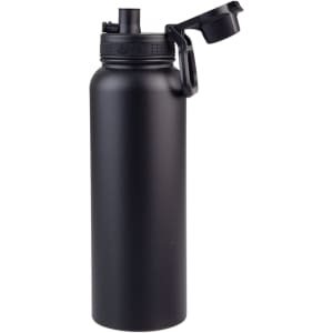 A drink bottle with a matte black finish, featuring a quick-release cap and a handle. It has a logo visible.