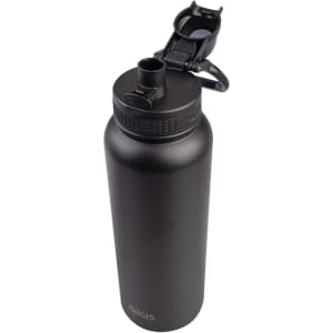 A drink bottle in black, featuring a quick release cap and a sculpted design. It has a brand logo on the side.