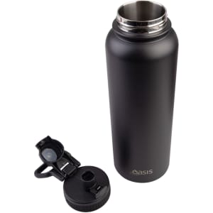 A drink bottle in matte black with a stainless steel interior and a quick release cap. Features a logo.