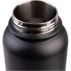 A drink bottle with a black matte finish and a stainless steel rim around the opening. Features a logo.