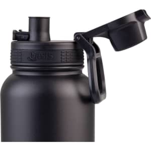 A drink bottle in matte black with a quick release cap and a handle, featuring a logo on the side.