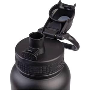 A drink bottle with a black finish features a quick release cap and a handle for easy transport.