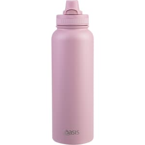 A drink bottle in light pink with a quick-release cap and a logo on the front.