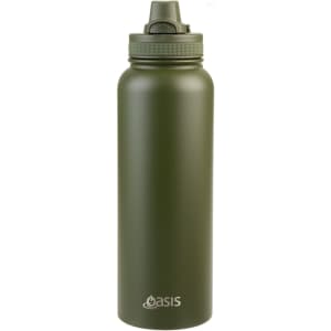A drink bottle in olive green with a quick release cap and a branding logo on the side.