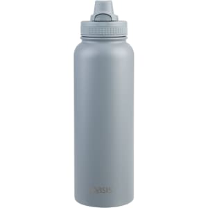 A drink bottle in light grey with a vacuum quick release cap and branding.
