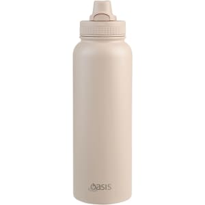 A drink bottle in a light beige colour with a quick release cap and a logo on the front.